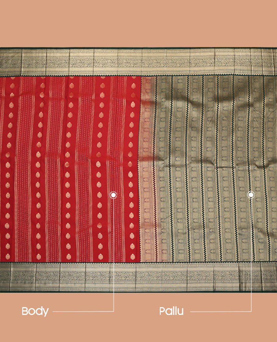 Red Budget Silk Saree, Styled with Zari Buttas and Stripes, a Contrast Traditional Zari Border, Grand Pallu, and a Contrast Blouse