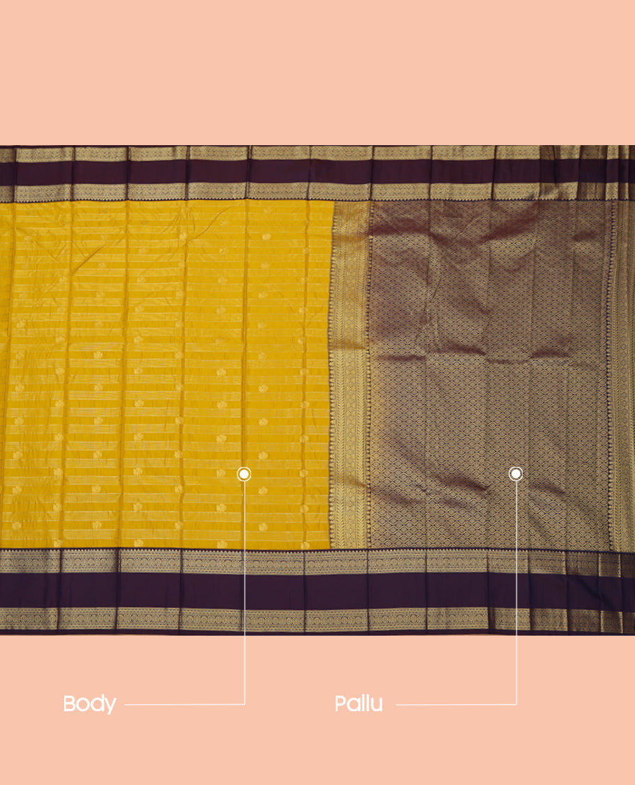 Yellow Budget Silk Saree, Subtly Sparkled with Peacock Buttas and Stripes, a Contrast Traditional Zari Rettai Pettu Border, Grand Pallu, and a Contrast Blouse