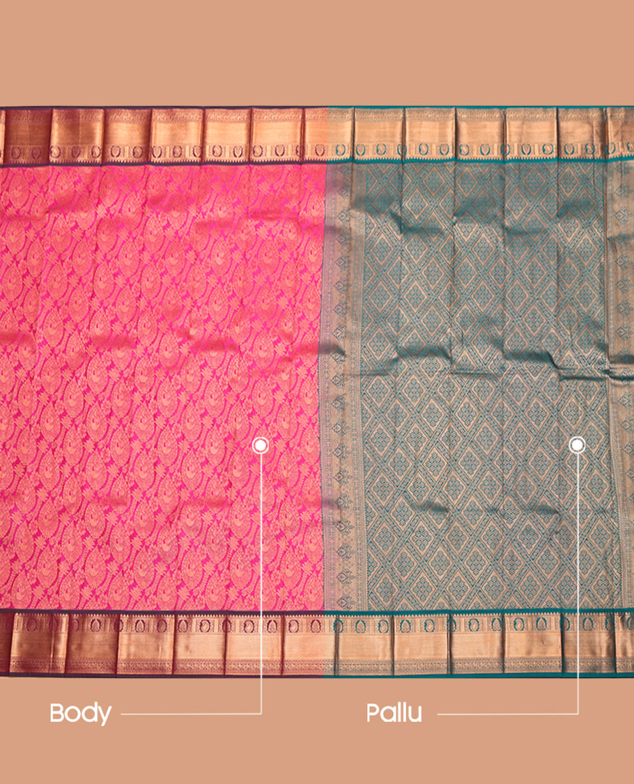 Rani Pink Budget Silk Saree, Masterfully Woven with Jacquard Design, Complemented by a Contrast Traditional Zari Border, Jaal  Pallu, and a Contrast Blouse