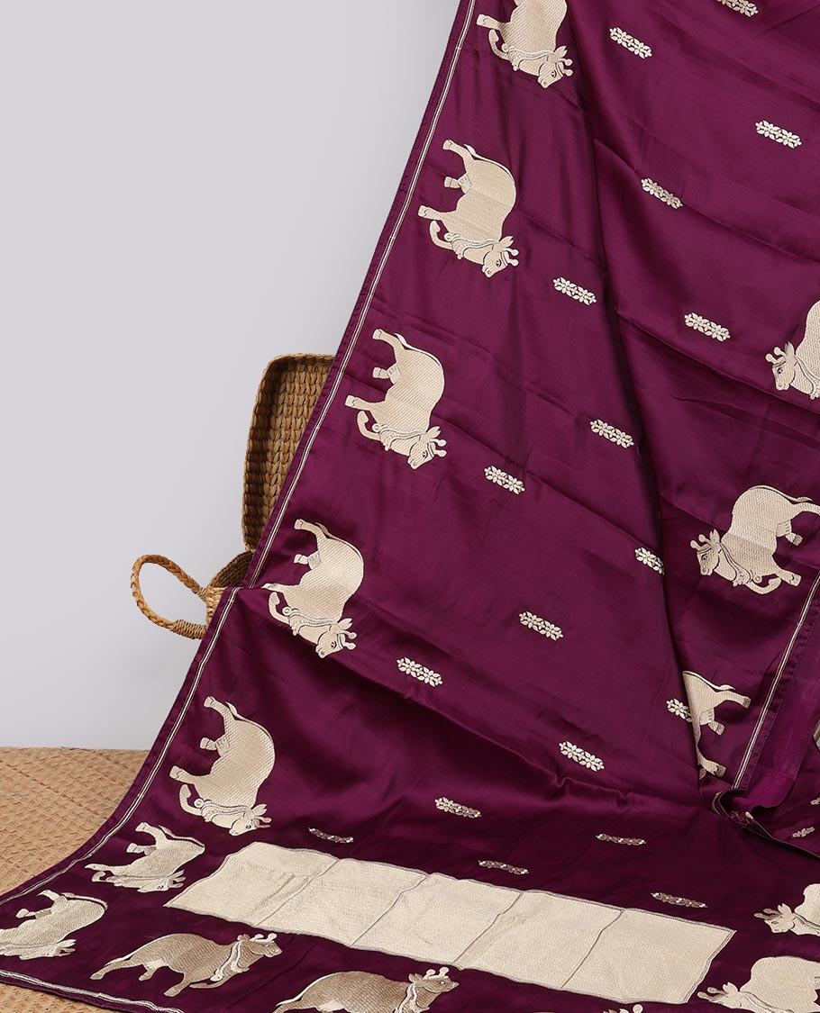 Purple  motifs semi- banaras tussar saree with self zari broder & pallu of Pichwai design