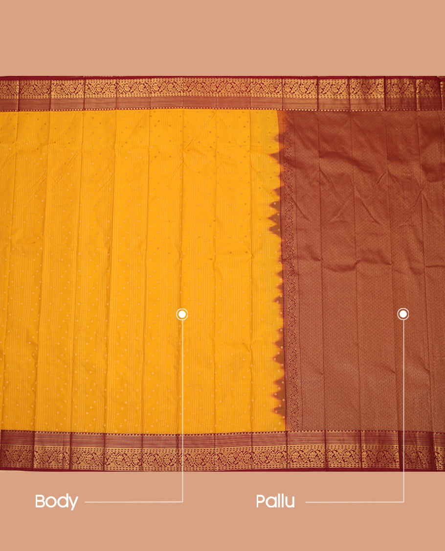 Yellow Budget Silk Saree, Sparsely Threaded with Buttas and Stripes, a Contrast Traditional Zari Border, Grand Pallu, and a Contrast Blouse