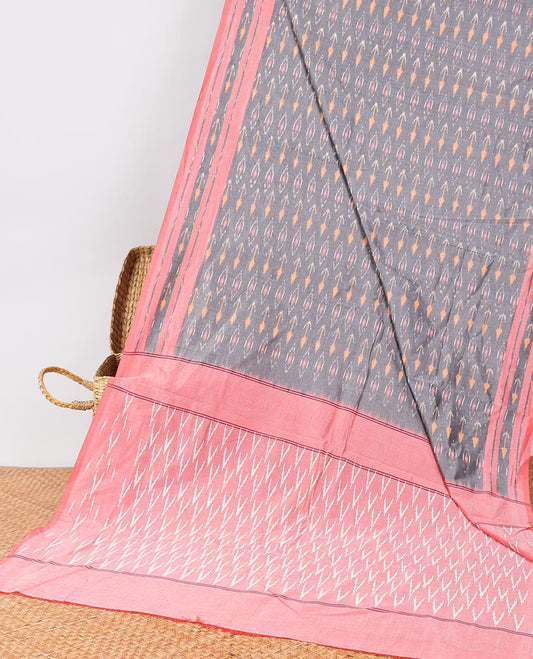 Grey ikkat cotton saree with intricate butta , contrast striped border & gemonetric design pallu