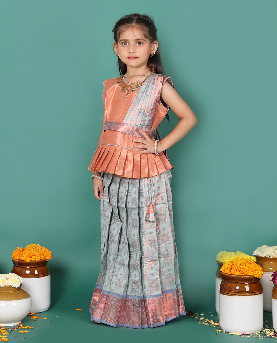 Grey readymade art silk pavadai set, jacquard with contrast traditional zari border skirt, and contrast jacquard embroidered sleeveless blouse with detachable dupatta