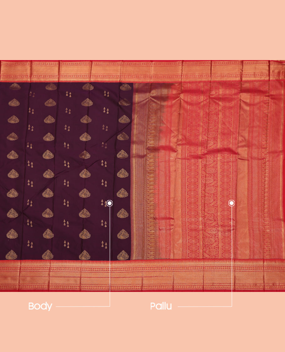 Wine Budget Silk Saree, Finely Woven with Zari Buttas All Over Its Body, Complemented by a Contrast Traditional Zari Design Border, Grand Pallu, and Paired with a Contrast Blouse