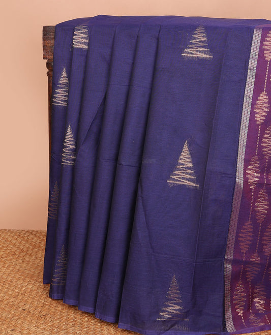 Borderless blue Combatiore cotton saree with triangle buttas, contrast pallu of unique designs
