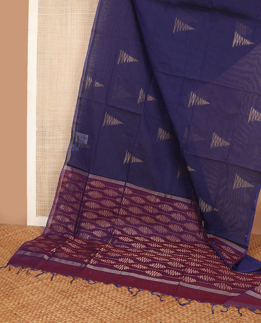 Borderless blue Combatiore cotton saree with triangle buttas, contrast pallu of unique designs