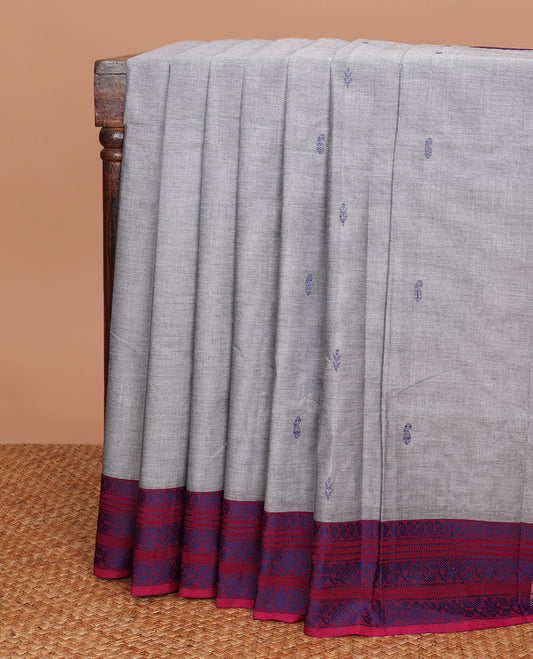 Grey buttas Chettinad cotton saree, contrast border of mango & floral designs & pallu of stripes & buttas