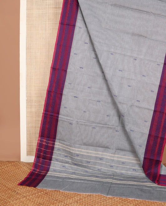 Grey buttas Chettinad cotton saree, contrast border of mango & floral designs & pallu of stripes & buttas