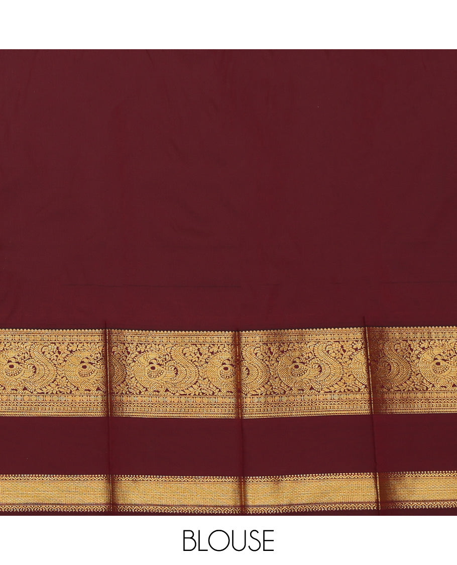 Green Budget Silk Saree, Detailed with Zari Buttas, Complemented by Contrast Traditional Rettai Pettu Border, a Jaal Pallu and a Contrast Blouse