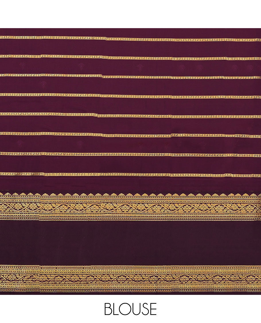 Green Budget Silk Saree, Bedecked with Zari Buttas and Stripes, Contrast Traditional Zari Rettai Pettu Border, Grand Jaal Pallu, and a Contrast Blouse