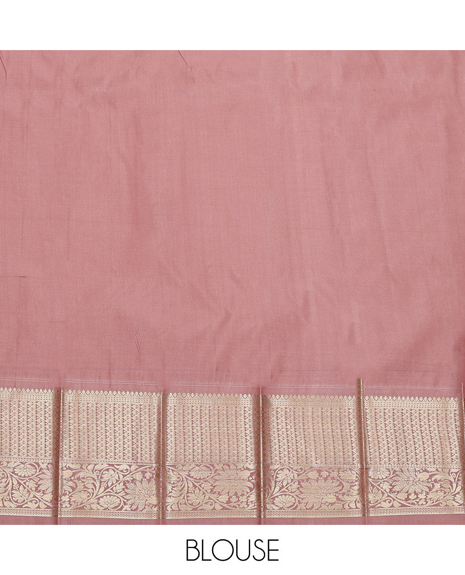 Orange Budget Silk Saree, Highlighted with Zari Buttas on Its Body, Complemented by a Contrast Traditional Zari Border, Diagonally Striped Pallu, and Paired with a Contrast Blouse