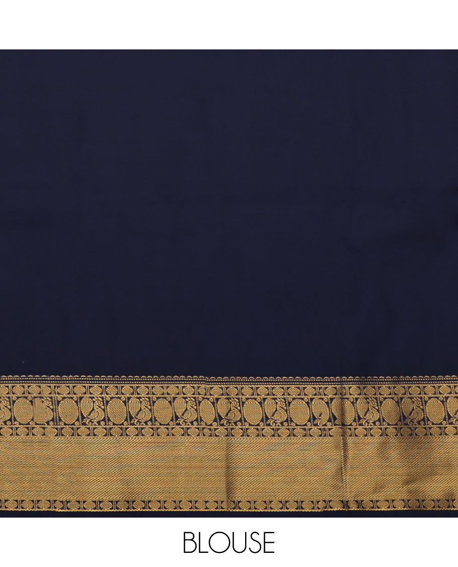Sandal Budget Silk Saree, Sparsely Woven with Zari Buttas on Its Body, Complemented by a Contrast Traditional Zari Border of Peacock and Rudraksham Designs, Intricately Designed Pallu, and Paired with a Contrast Blouse