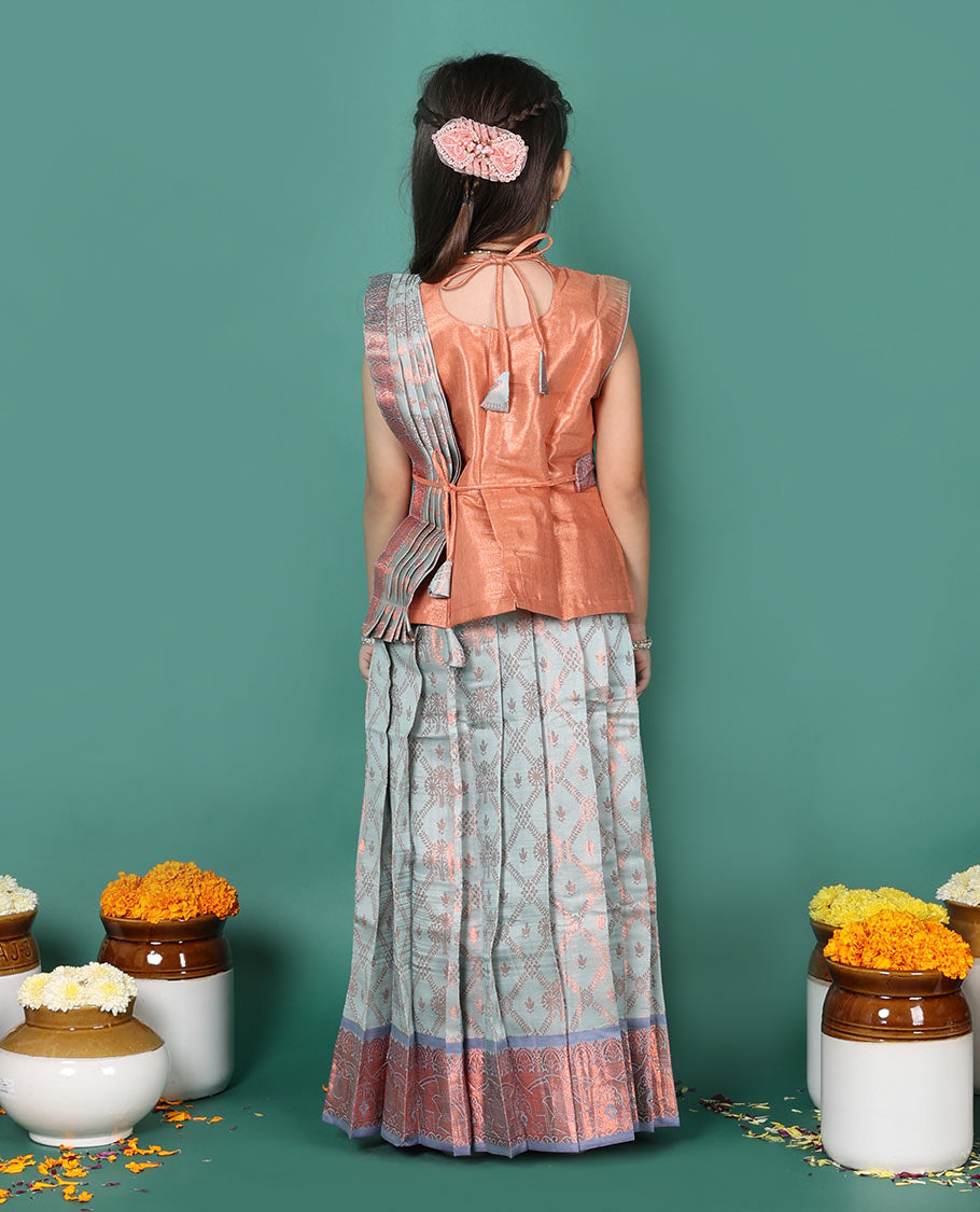 Grey readymade art silk pavadai set, jacquard with contrast traditional zari border skirt, and contrast jacquard embroidered sleeveless blouse with detachable dupatta