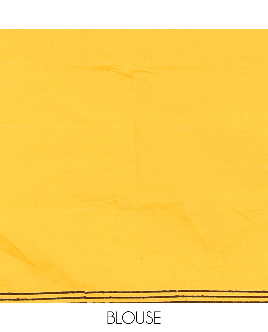 Yellow warli village theme printed South cotton saree, block printed border, warli printed pallu, a matching blouse, and a contrast floral vine printed blouse