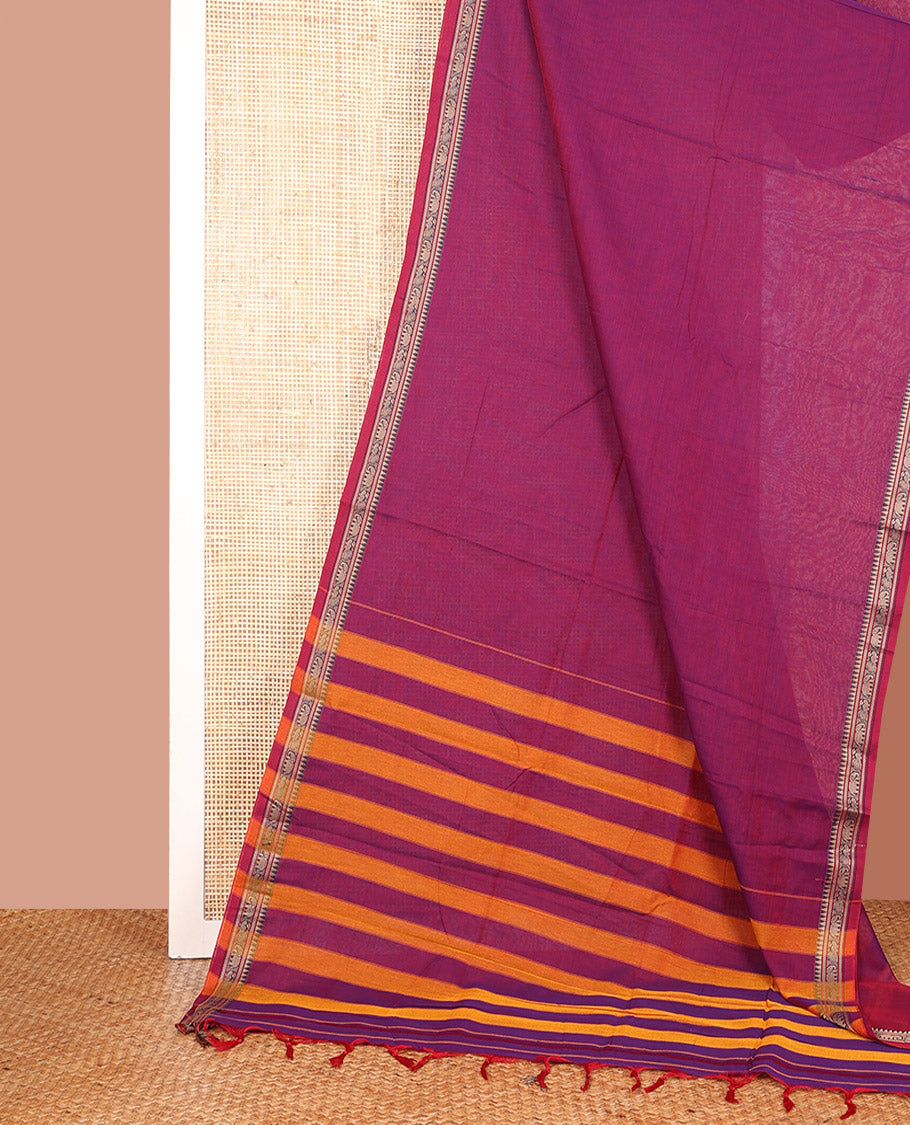 Magenta Plain Narayanpet Cotton Saree, Complemented by a Contrast Traditional Thread Border of Peacock and Elephant Designs, Vibrantly Striped Pallu, and Paired with a Matching Blouse