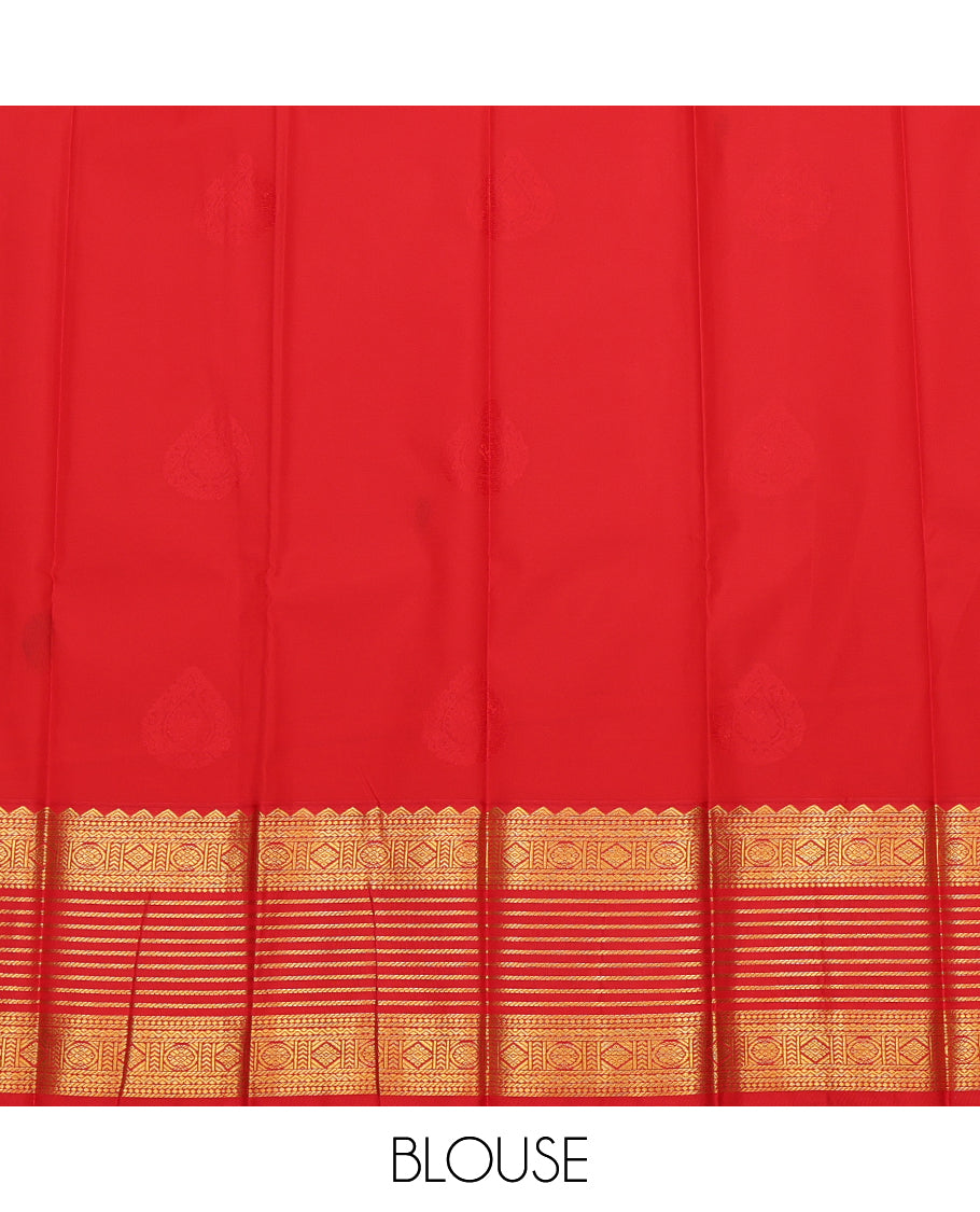 Green Budget Silk Saree, Bedecked with Zari Buttas, Complemented by a Contrast Traditional Zari Border, Grand Pallu, and Contrast Blouse