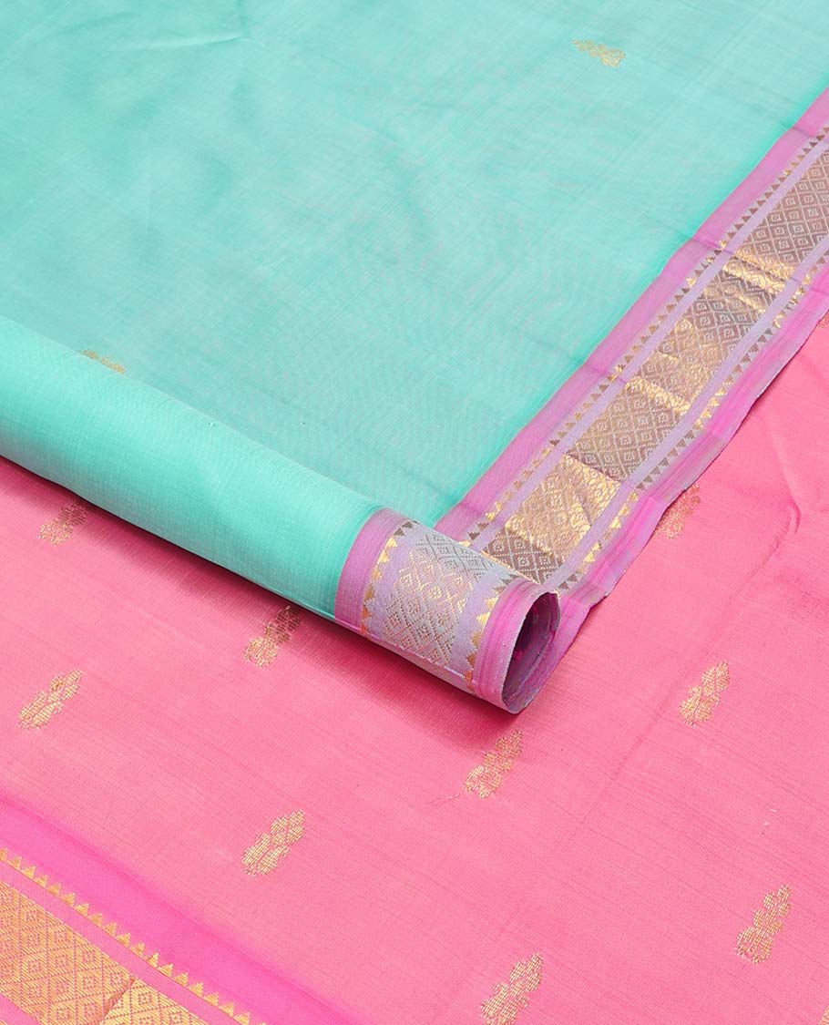 Light blue  floral buttas kancheepuram silk saree with contrast border of rekku, kayil kann design & floral design pallu