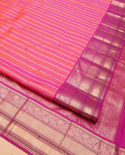 Pink Vasundhara Silk Saree, Beautified with Zari Designs on Its Body, Complemented by a Contrast Border of Kodi Visiry, Vanki, Mayil Kann, and Jada Nagam Designs, Grand Jaal Pallu, and Paired with a Contrast Blouse