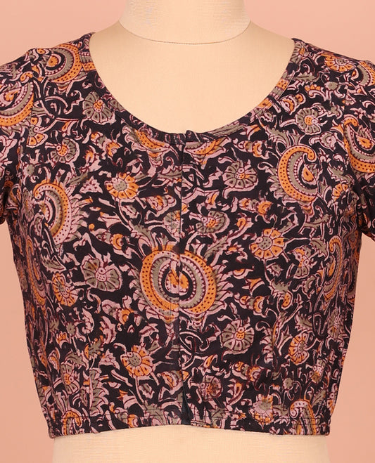 Black Cotton Readymade Blouse Majestically Detailed with All-Over Floral Vine Print, Front High-Neck, Back High Neck, and Elbow Sleeves