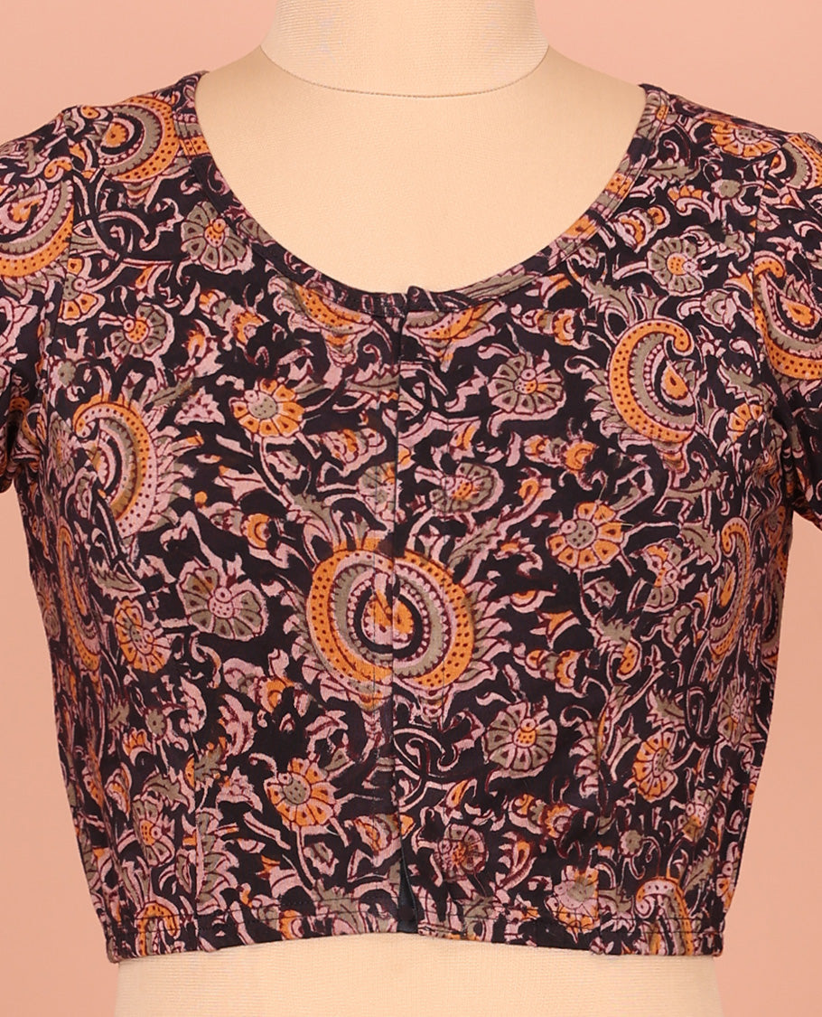 Black Cotton Readymade Blouse Majestically Detailed with All-Over Floral Vine Print, Front High-Neck, Back High Neck, and Elbow Sleeves