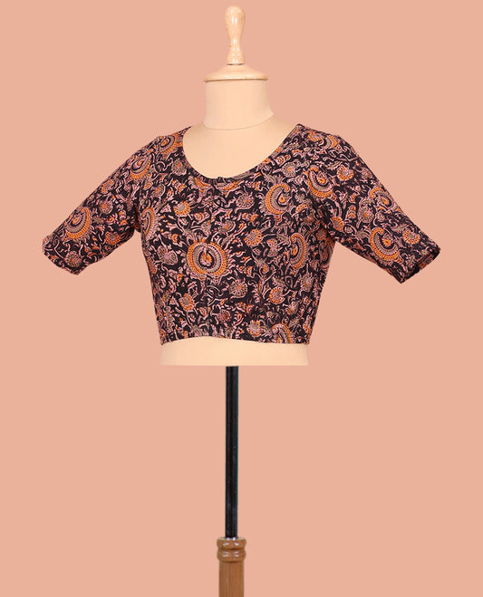 Black Cotton Readymade Blouse Majestically Detailed with All-Over Floral Vine Print, Front High-Neck, Back High Neck, and Elbow Sleeves