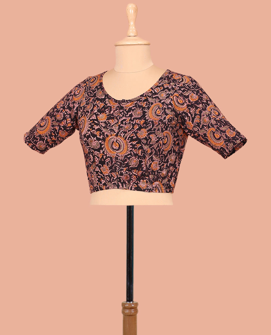 Black Cotton Readymade Blouse Majestically Detailed with All-Over Floral Vine Print, Front High-Neck, Back High Neck, and Elbow Sleeves