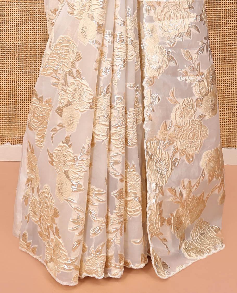 Gold Turkey Organza Saree Features Floral Gold-Glitter work, Scallop Border, Embroidered Blouse