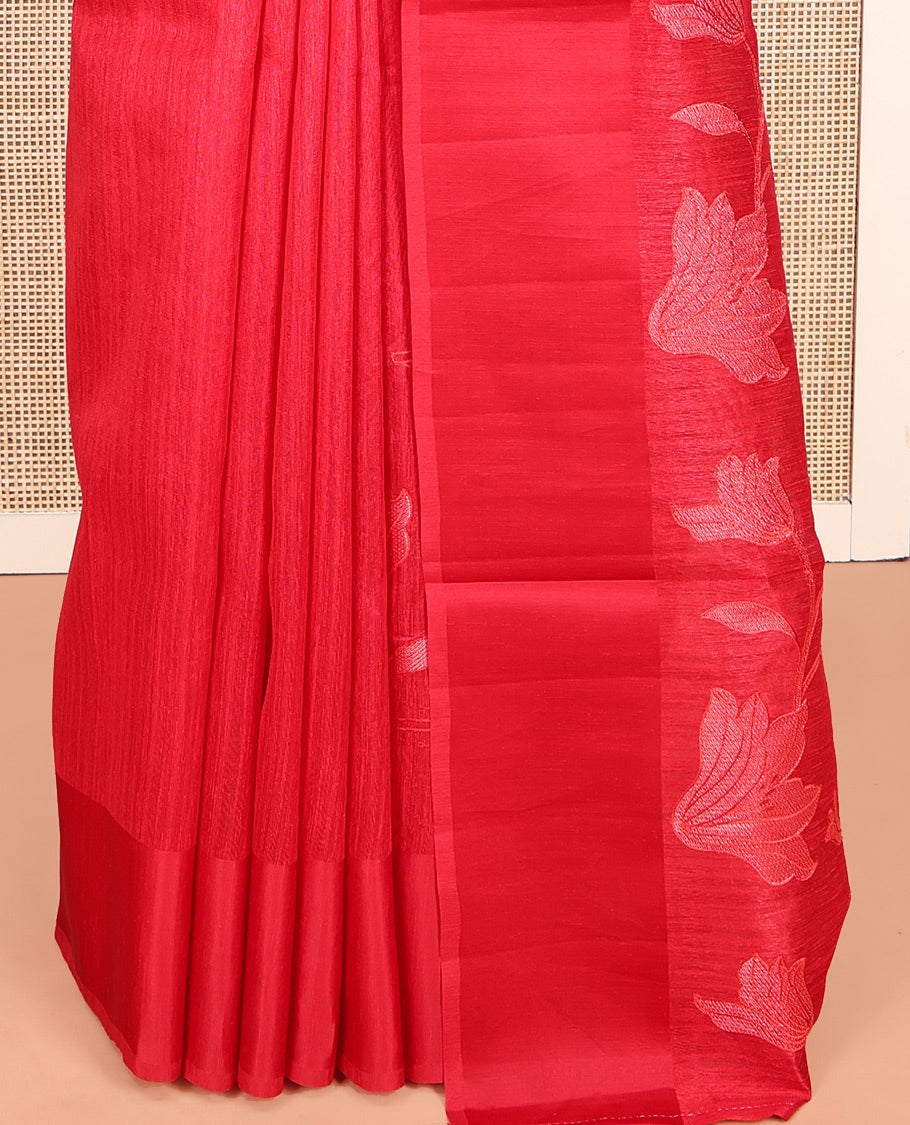 Red Green Silk Saree, Finely Crafted with Floral Vine Cross Stitch Embroidery on Its Body, Subtle Self-Satin Border, Pallu of Floral Vine Cross Stitch Embroidery, and Paired with a Plain Blouse