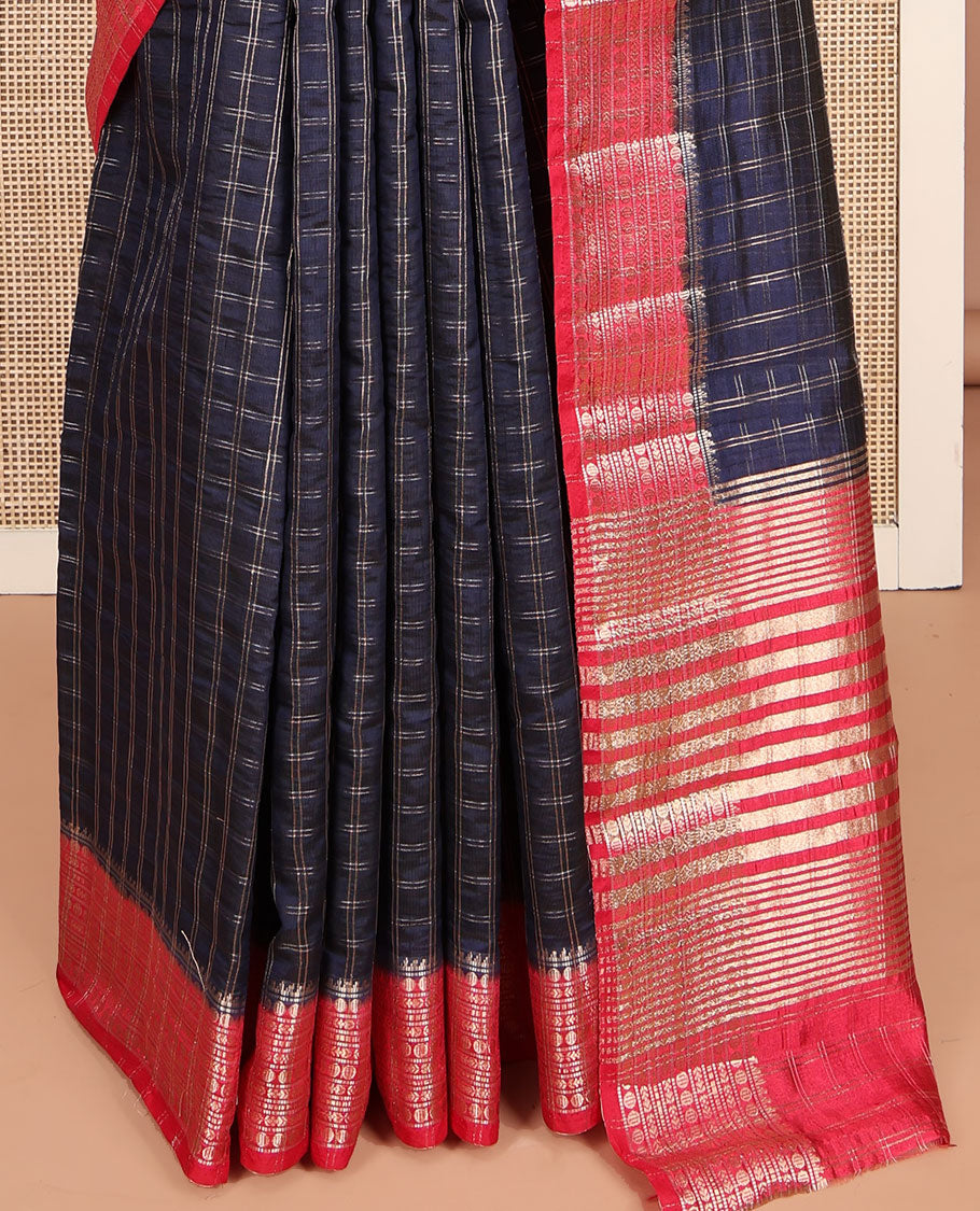 Blue Dupion Silk Saree, Beautified with Zari Micro-Checks, Complemented by a Contrast Traditional Zari Design Border, Zari Striped Pallu, and a Contrast Blouse