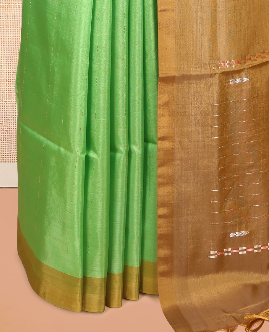 Green Banana Pith Saree, Woven with Buttas, a Contrast Border, Striped Pallu, and a Contrast Blouse
