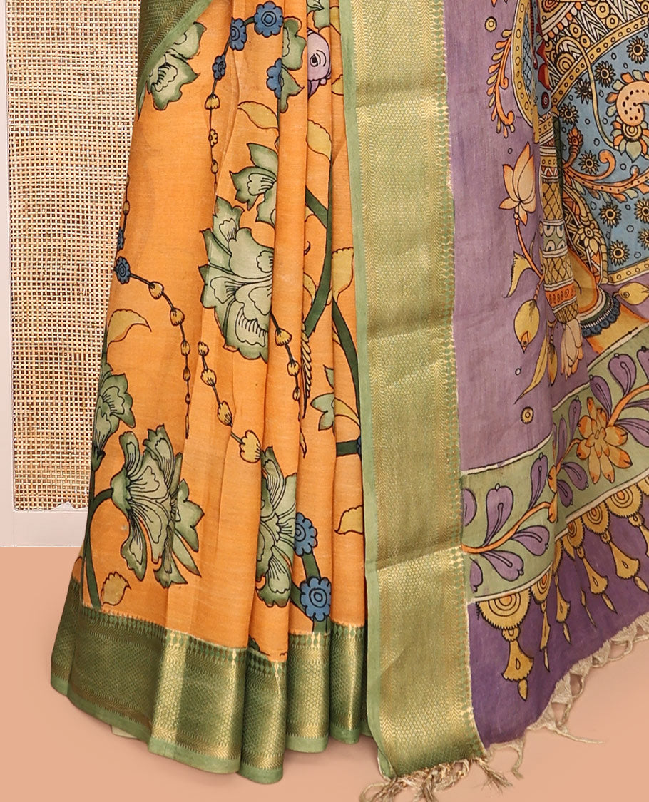Orange Kalamkari Silk Saree, Lightly Embellished with Floral and Human Figurines, a Contrast Traditional Border, Pallu of Musical Instruments, and a Contrast Blouse