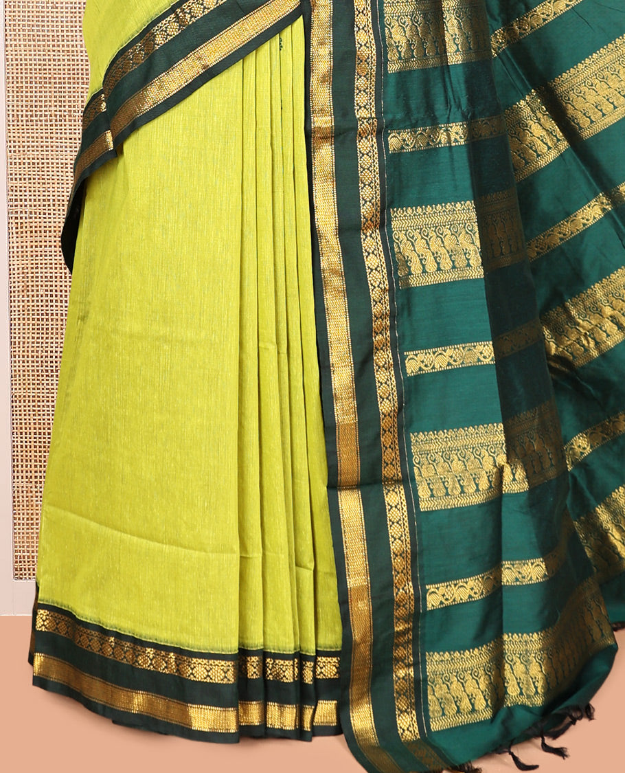 Leaf Green Kalyani Cotton Saree, Finely Crafted with Thread Buttas, a Contrast Traditional Rettai Pettu Zari Border, Grand Pallu, and a Contrast Blouse