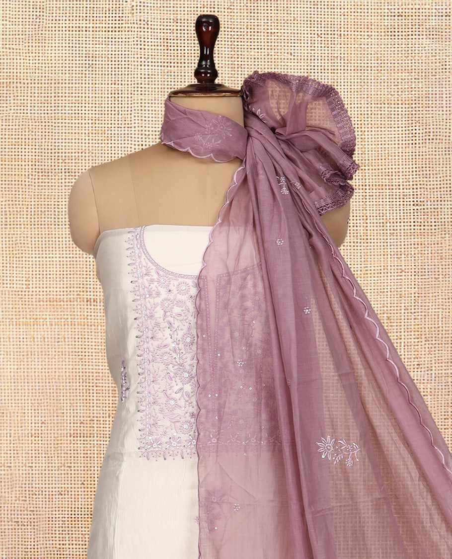 Cream-Lavender Mul Chanderi Material Churidar Features Thread-Sequins Embroidered Top, a Contrast Bottom, Scallop Embroidered Dupatta