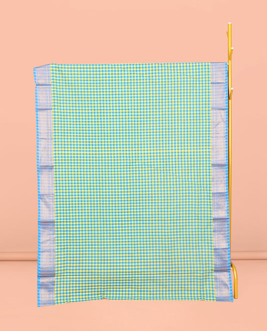 Green-Blue Chettinad Cotton Saree, Adorned with Micro-Checks, Complemented by Traditional Zari Design Border, Striped Pallu, and No Blouse