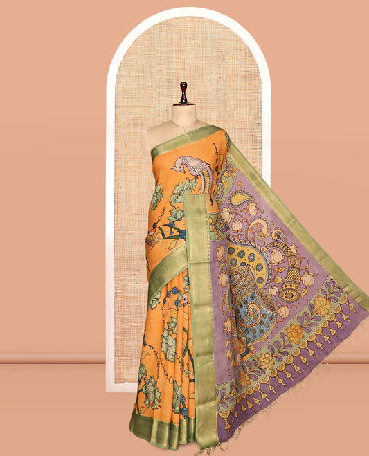 Orange Kalamkari Silk Saree, Lightly Embellished with Floral and Human Figurines, a Contrast Traditional Border, Pallu of Musical Instruments, and a Contrast Blouse