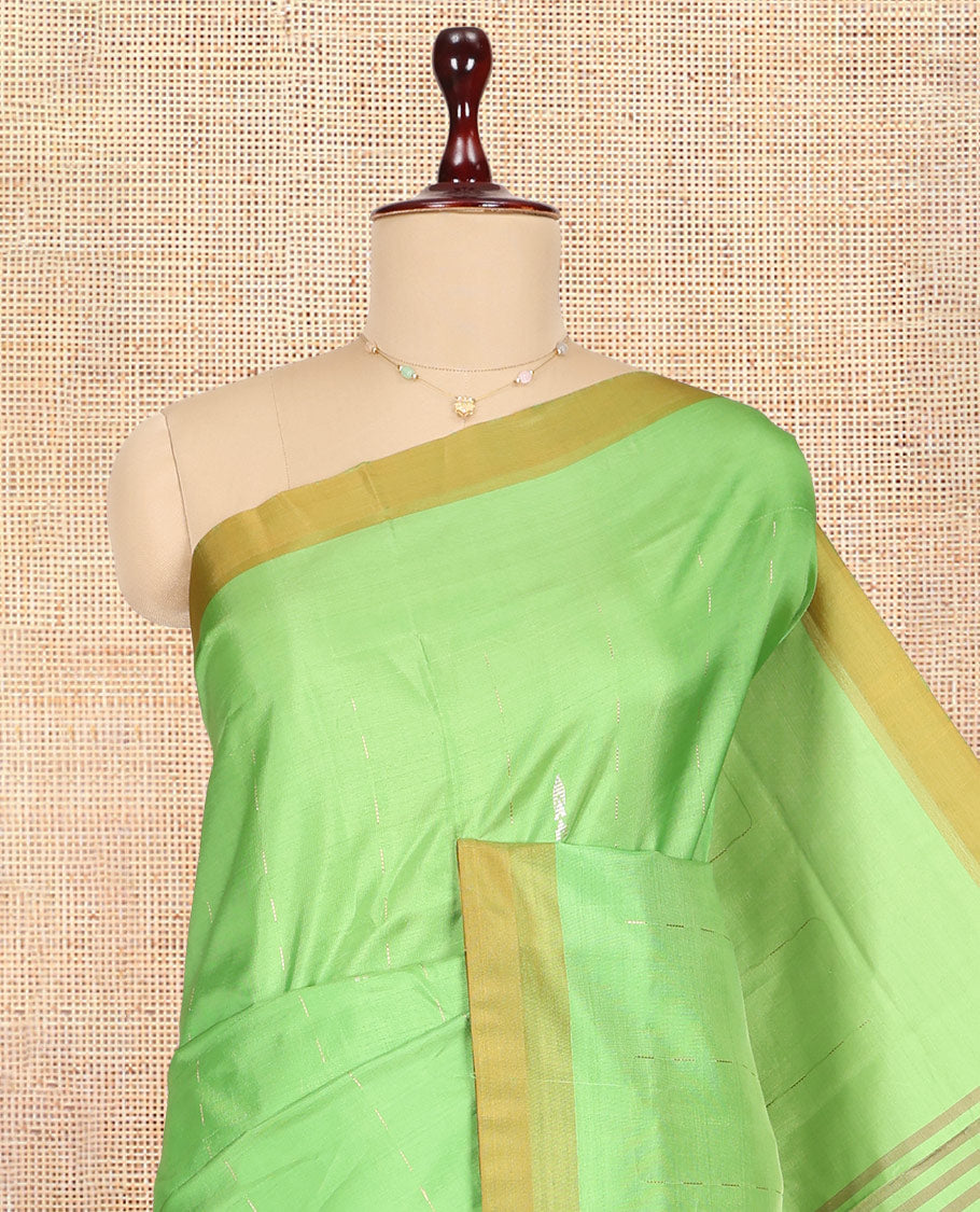 Green Banana Pith Saree, Woven with Buttas, a Contrast Border, Striped Pallu, and a Contrast Blouse
