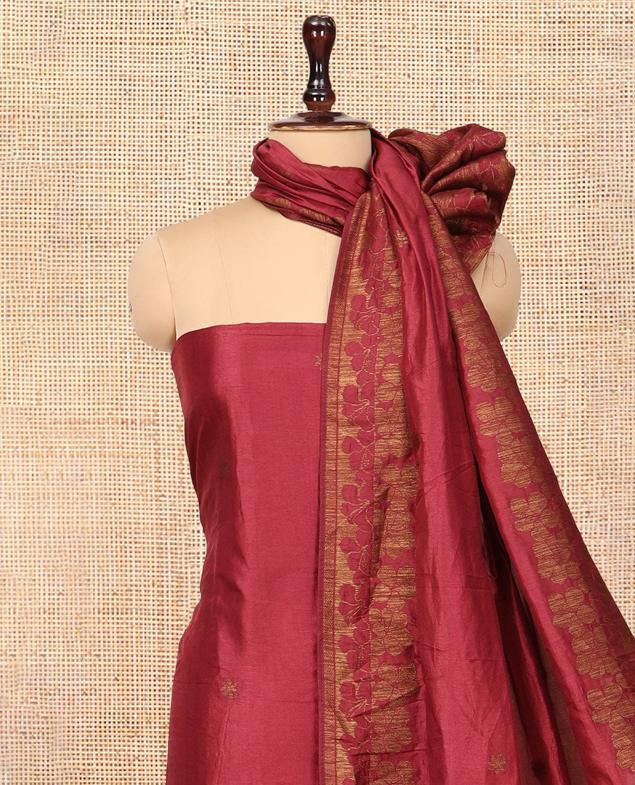 Maroon Semi Silk Material Chudidar Set, Adorned with Copper Zari Intricate Design Woven Top, a Santoon Bottom, Matching Dupatta