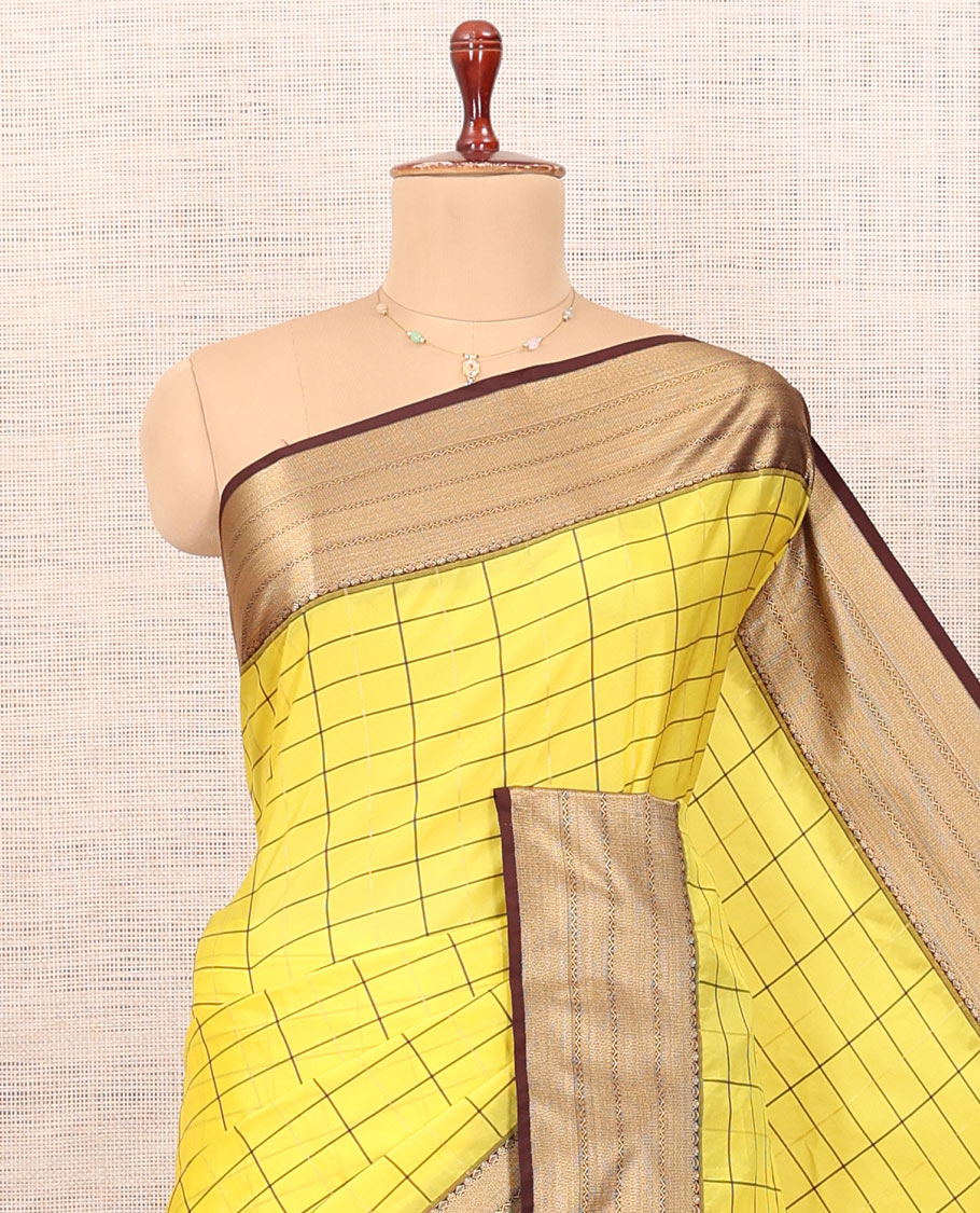 Lemon Yellow Checks Semi-Soft Silk Saree