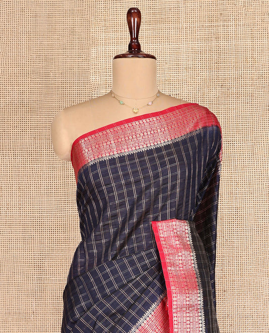 Blue Dupion Silk Saree, Beautified with Zari Micro-Checks, Complemented by a Contrast Traditional Zari Design Border, Zari Striped Pallu, and a Contrast Blouse
