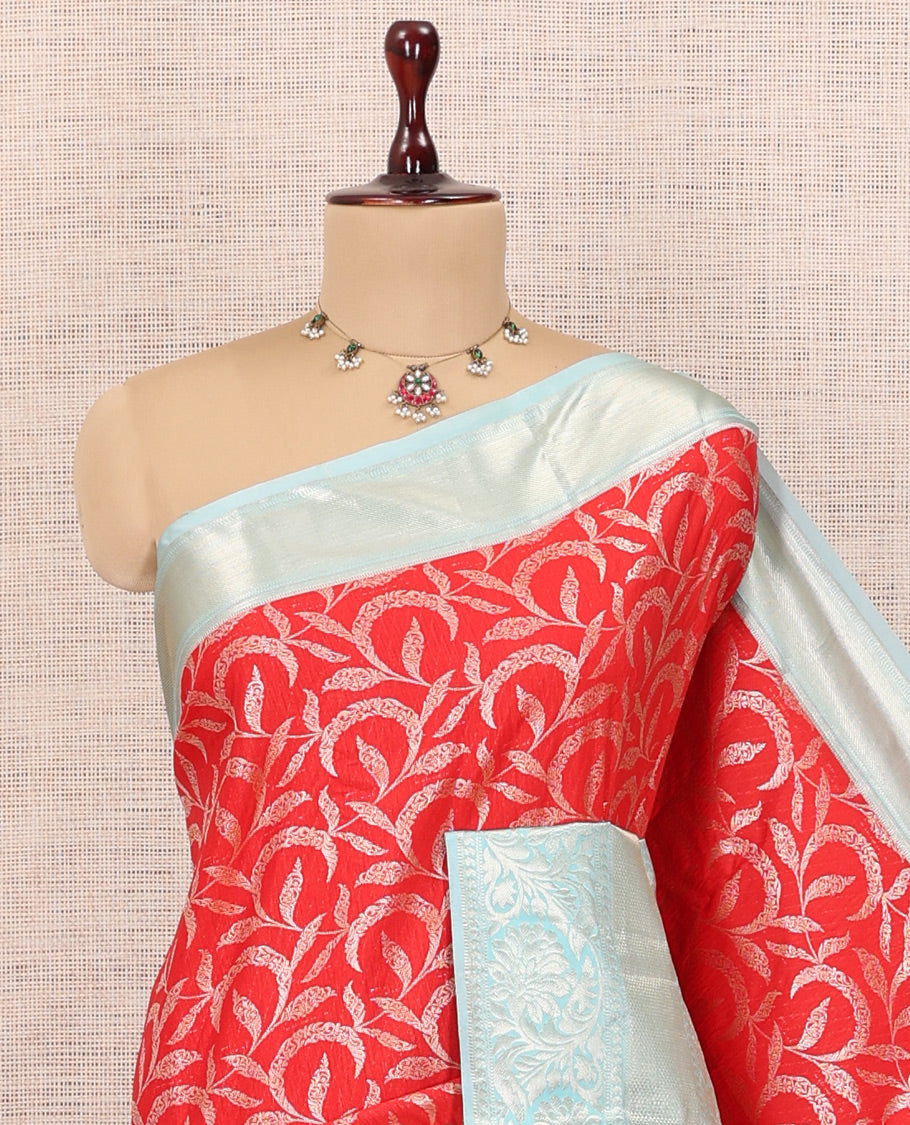 Red-Sky Blue Floral Jacquard Budget Silk Saree