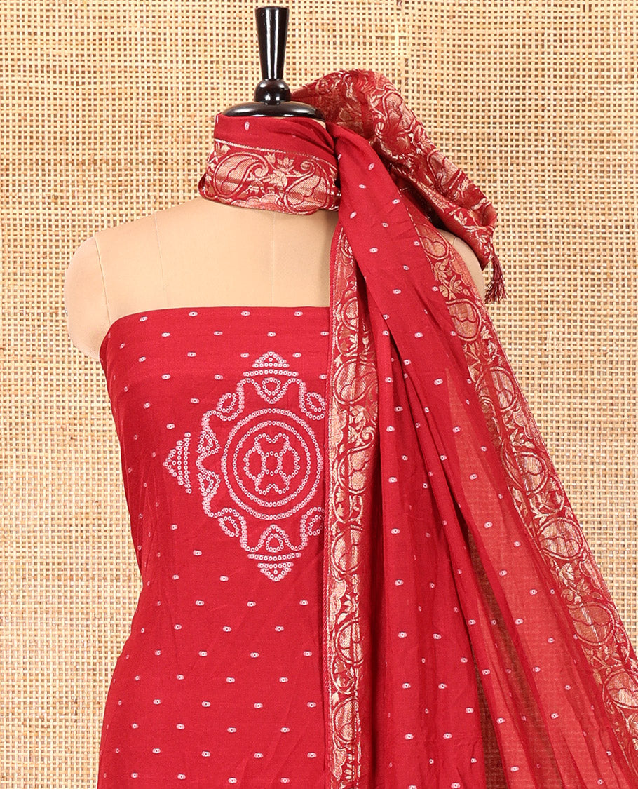 Red Mul Chanderi Material Chudidar Set, Subtly Printed with Bandhani-Style Printed Top, a Plain Santoon Bottom, and Paired with a Matching Mul Chanderi Bandhani-Dotted and Zari-Woven Dupatta