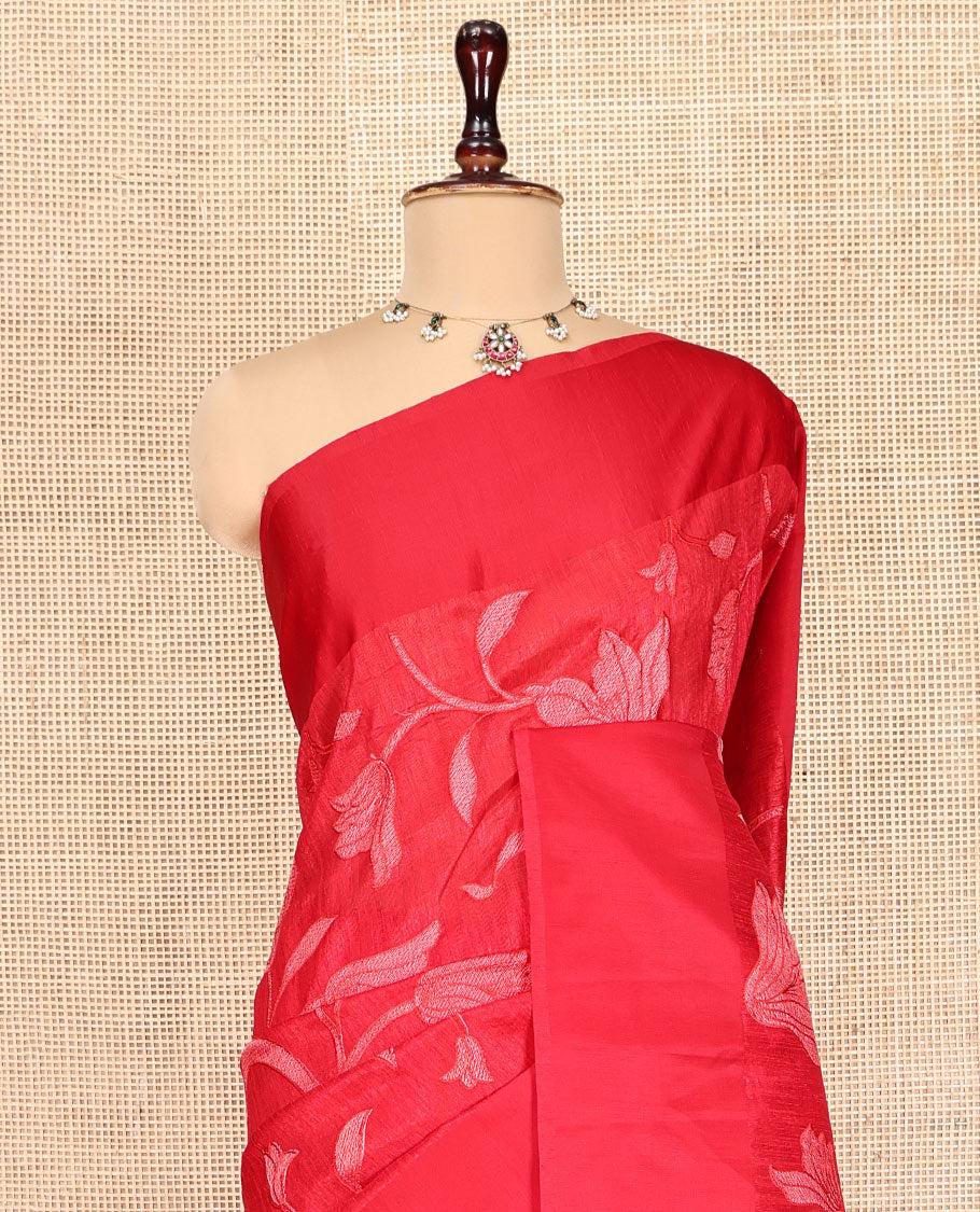 Red Green Silk Saree, Finely Crafted with Floral Vine Cross Stitch Embroidery on Its Body, Subtle Self-Satin Border, Pallu of Floral Vine Cross Stitch Embroidery, and Paired with a Plain Blouse
