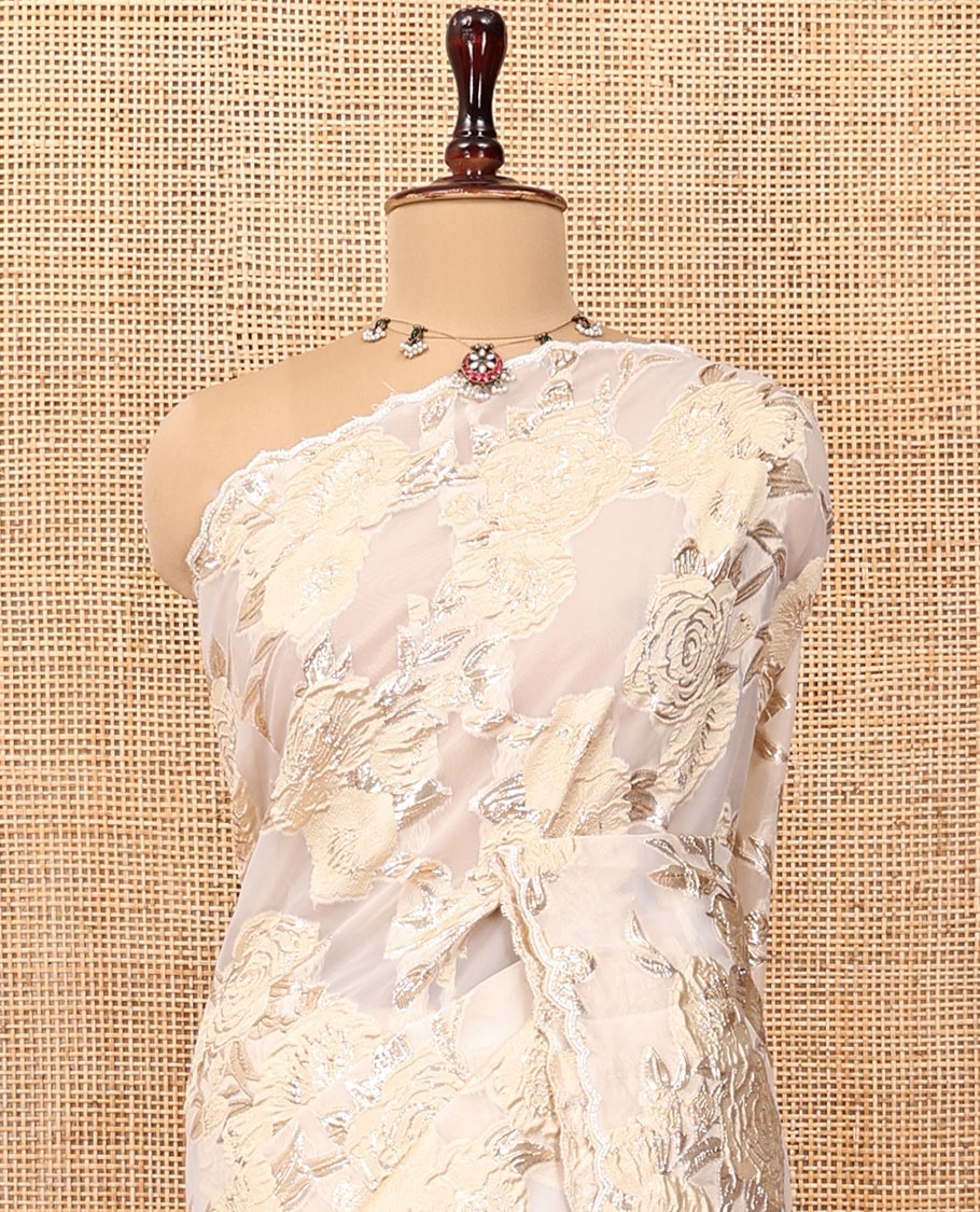 Gold Turkey Organza Saree Features Floral Gold-Glitter work, Scallop Border, Embroidered Blouse
