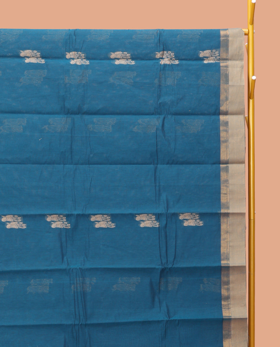 Blue Kanchi Cotton Saree, Accentuated with Thread Buttas On Its Body, Complemented by a Contrast Border, Intricately Designed Pallu, and a Matching Blouse