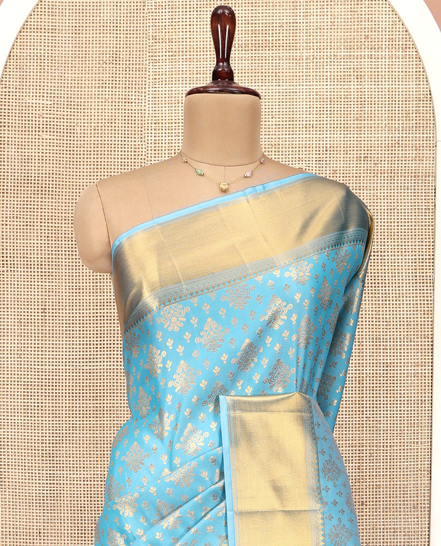Sky Blue Budget Silk Saree, Enriched with Zari Buttas All Over Its Body, Highlighted by Traditional Zari Designs Woven Border, Grand Pallu, Paired with a Matching Blouse - Inspired by Trisha Blue Saree