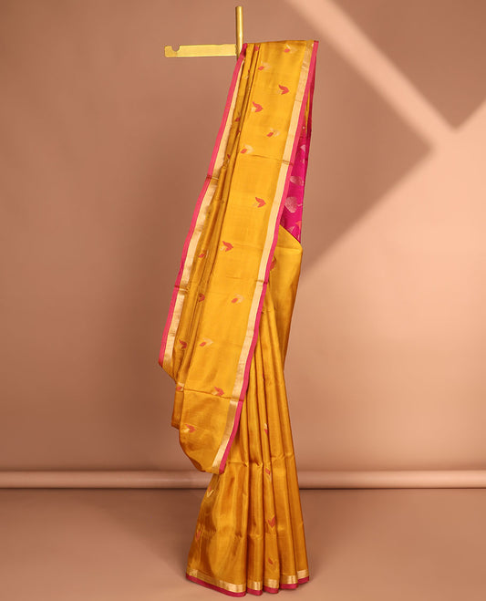 Mustard uppada saree with floral buttas, contrast border & pallu of floral jaal designs