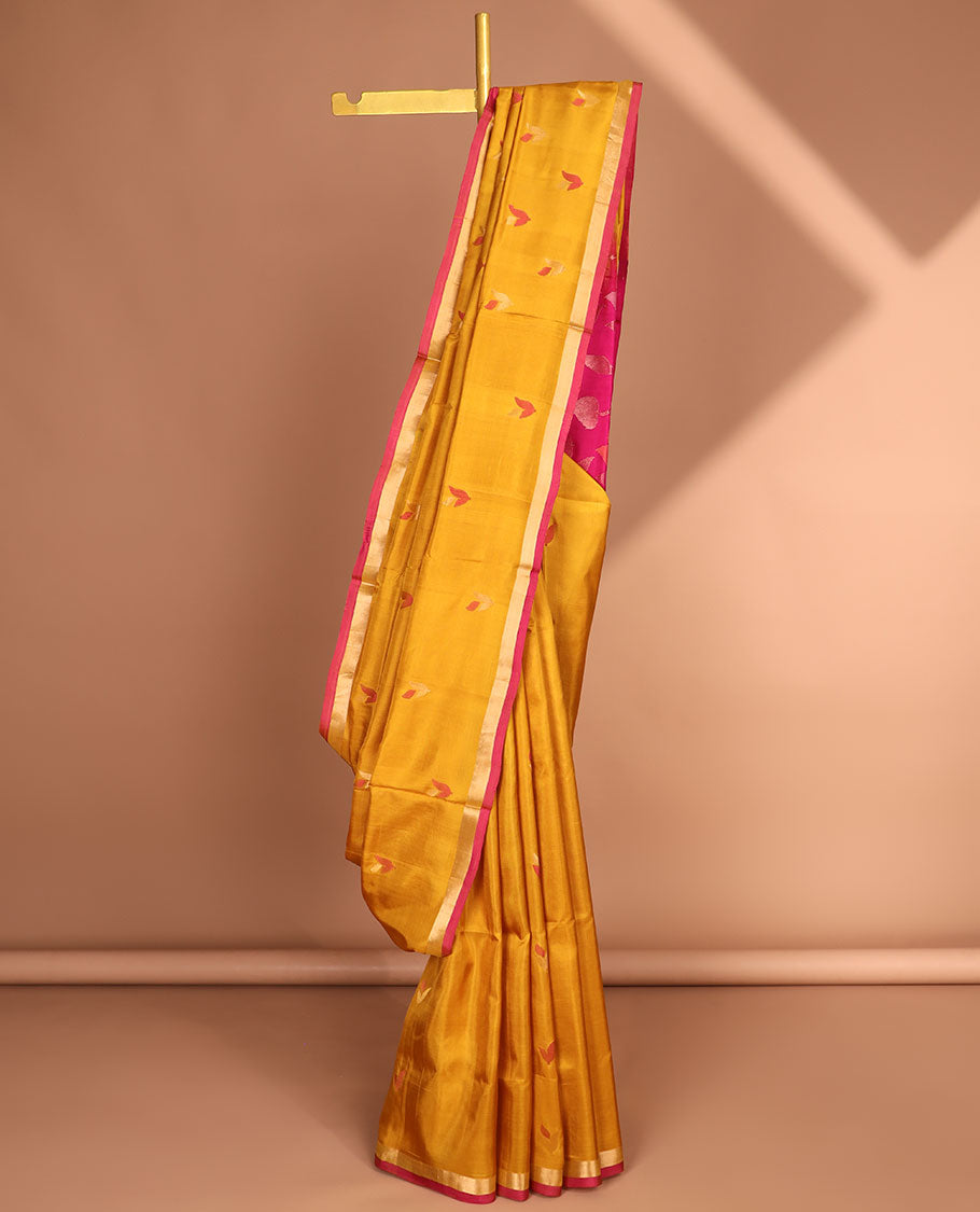 Mustard uppada saree with floral buttas, contrast border & pallu of floral jaal designs