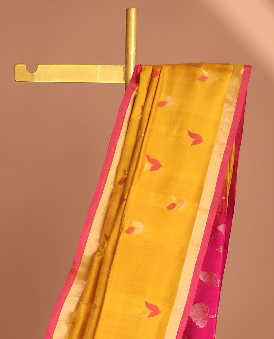 Mustard uppada saree with floral buttas, contrast border & pallu of floral jaal designs