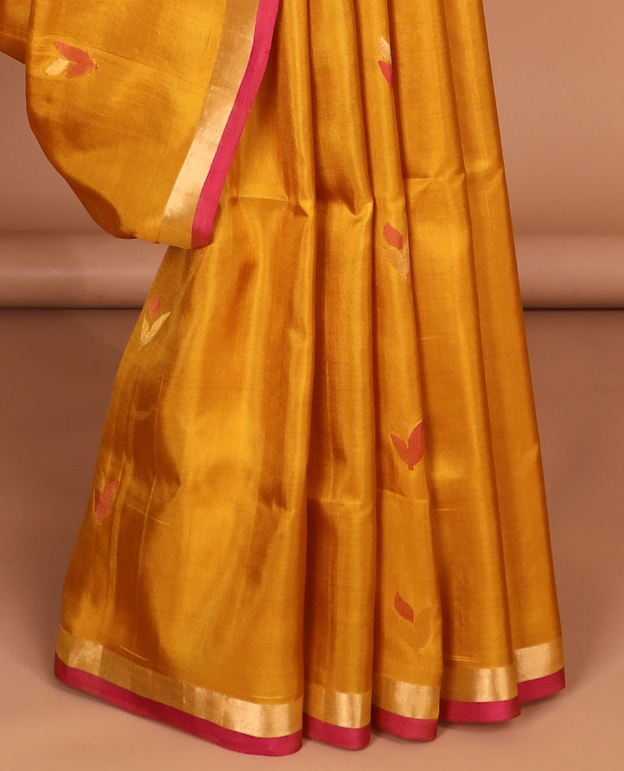 Mustard uppada saree with floral buttas, contrast border & pallu of floral jaal designs