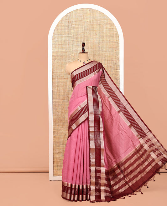 Pink Plain Assam Silk Saree, Complemented by Contrast Traditional Zari Border, Striped Pallu, and Contrast Blouse